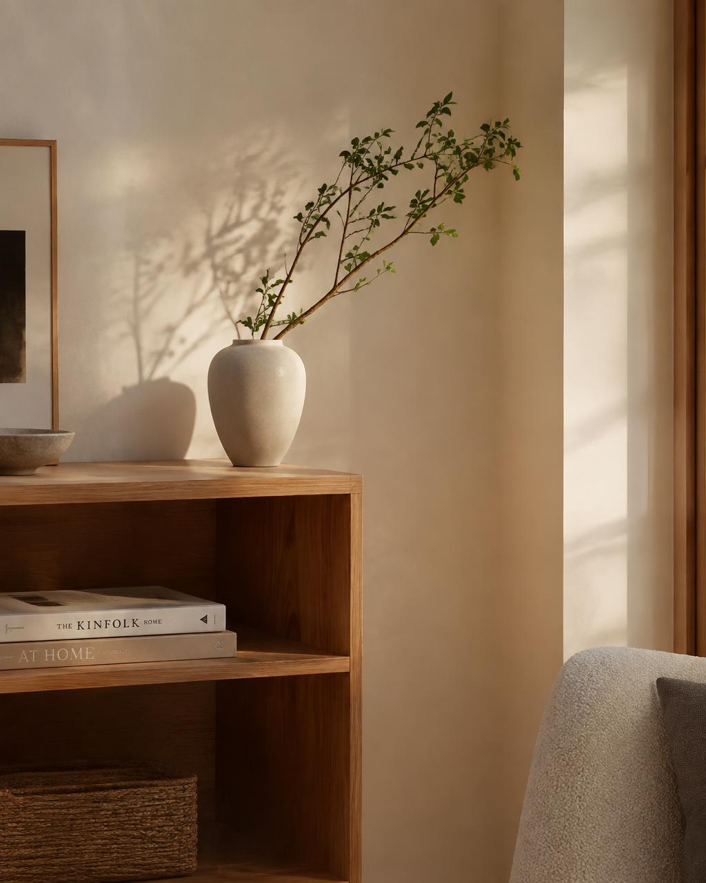Warm interior detail with oak shelf and ceramics
